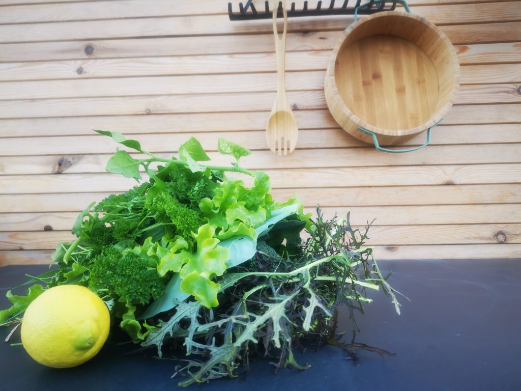 ירקות מוכנים לקציצה - מגוון ירקות ירוקים ולימון על שייש המטבח